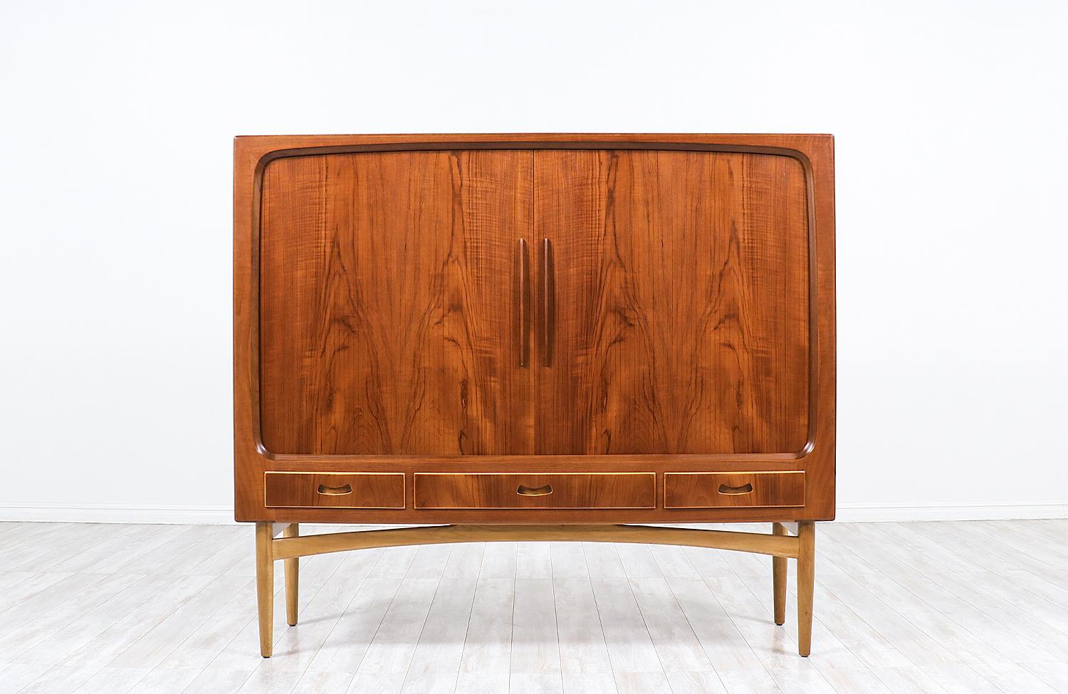 Danish modern tambour-door teak & oak cabinet credenza.