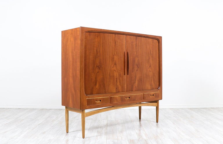 Wood Danish Modern Tambour-Door Teak & Oak Cabinet Credenza