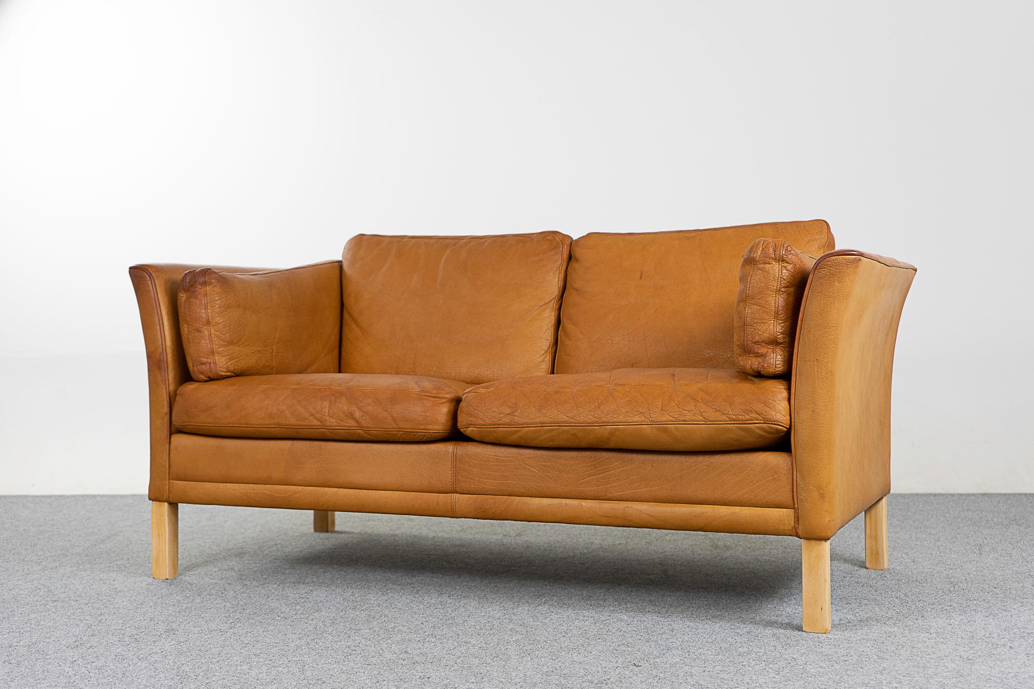 Mid-20th Century Danish Modern Tan Leather Loveseat 