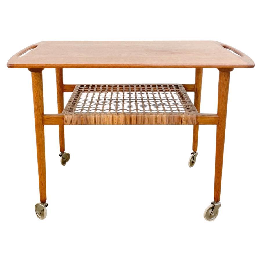 Danish Modern Tea Cart with Cane Shelf For Sale