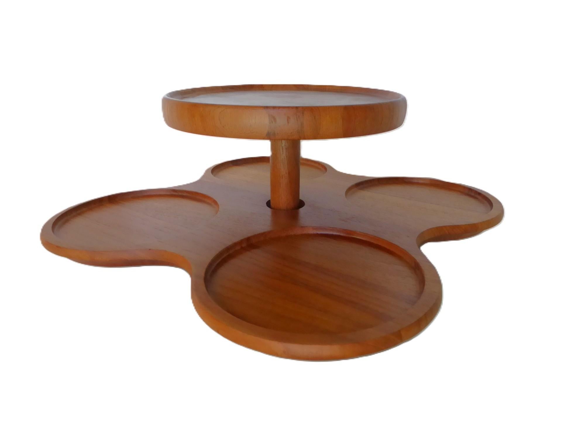 1960s large Teak Lazy Susan or revolving tray with 5 stands by Flemming Digsmed for his company Digsmed Designs of Denmark.  The center tray with great staved Teak construction and rounded edge is 8 3/4 inches diameter.  The bottom 4 trays are