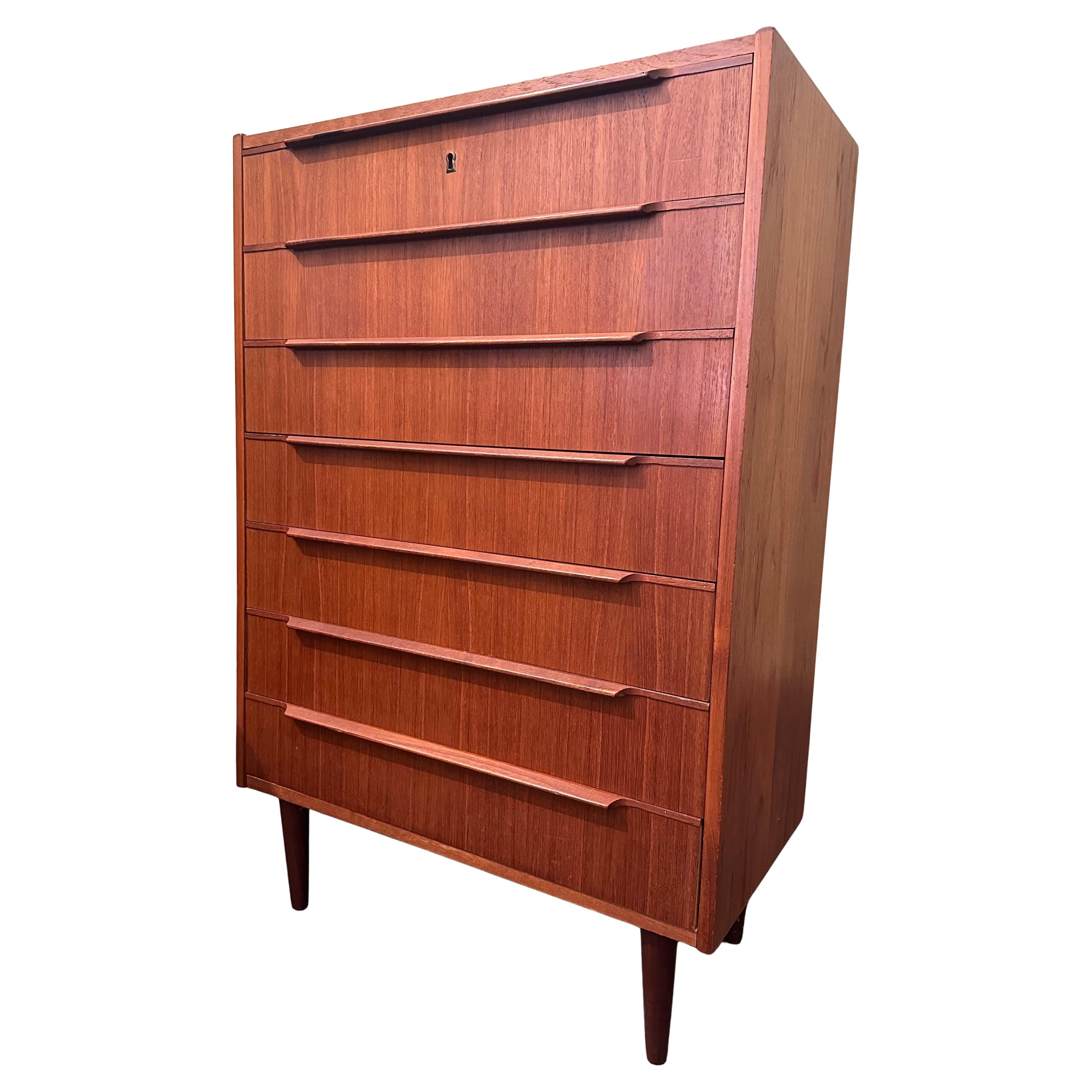 Danish Modern Teak 7 Drawer "Tall Boy" Dresser in the Style of Arne Vodder For Sale