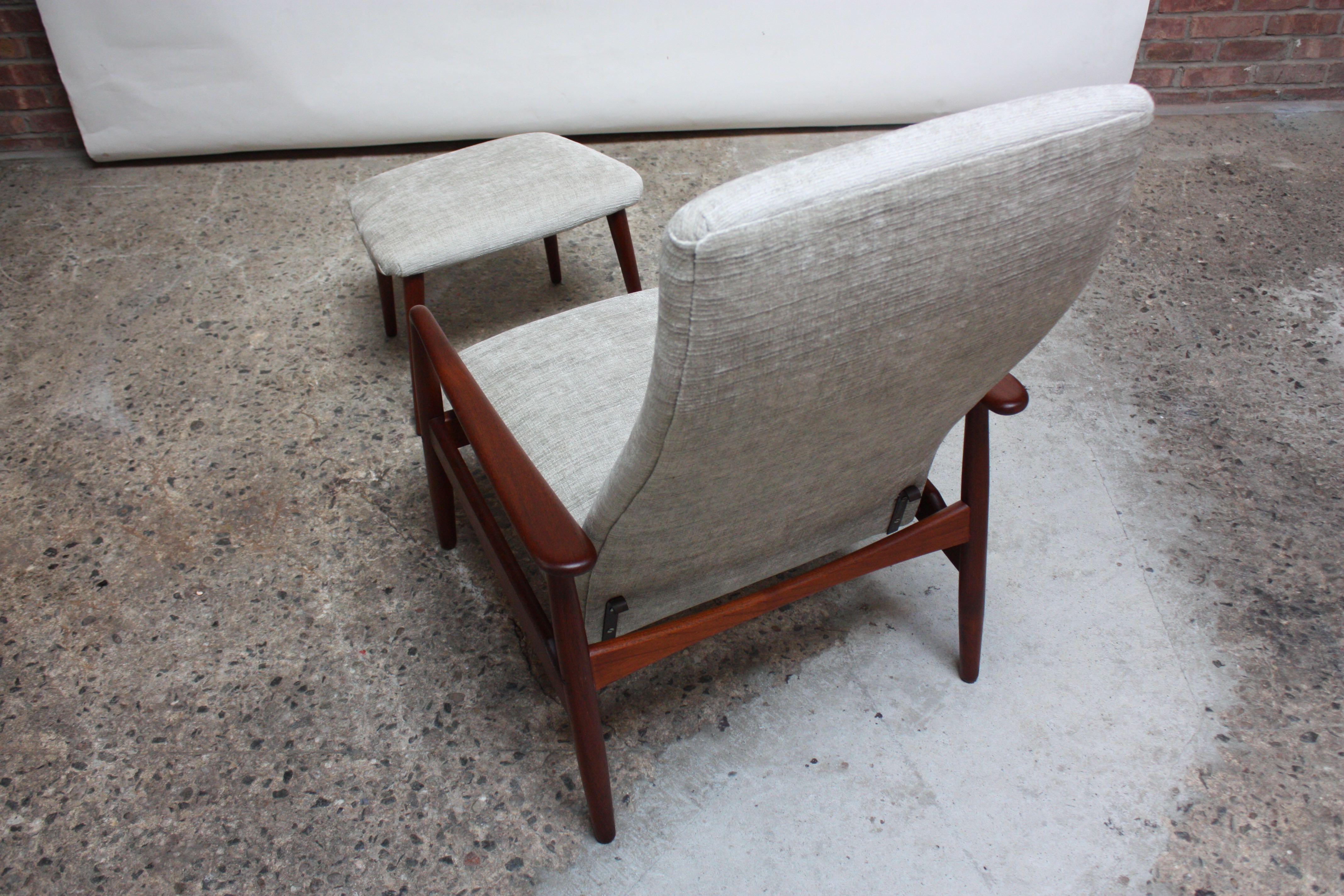 Brass Danish Modern Teak Adjustable Lounge Chair and Ottoman by Søren Ladefoged