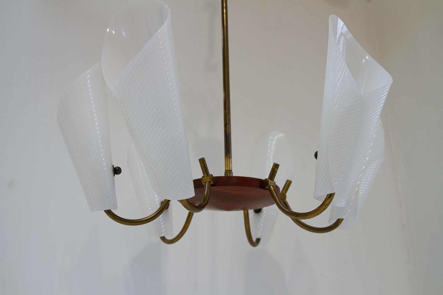 Milieu du XXe siècle Lustre moderne danois en teck et laiton, années 1950. en vente