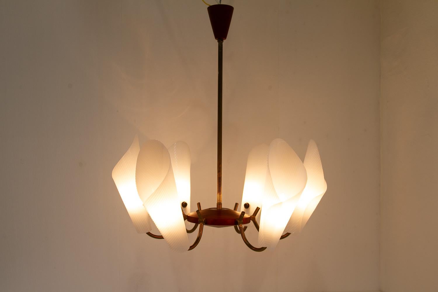 Metà XX secolo Lampadario moderno danese in teak e ottone, anni '50. in vendita
