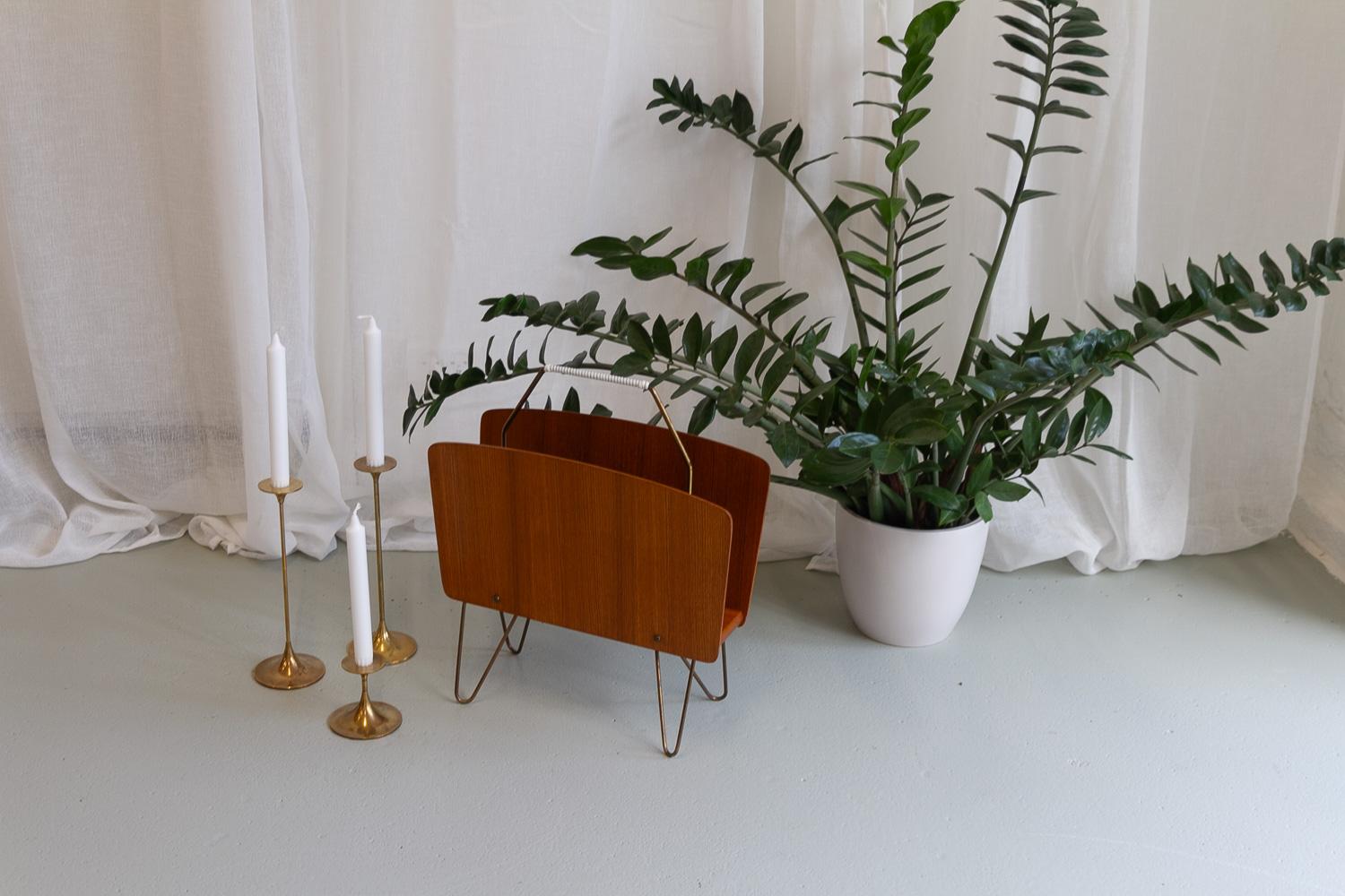 Danish Modern Teak and Brass Magazine Rack, 1950s. 8