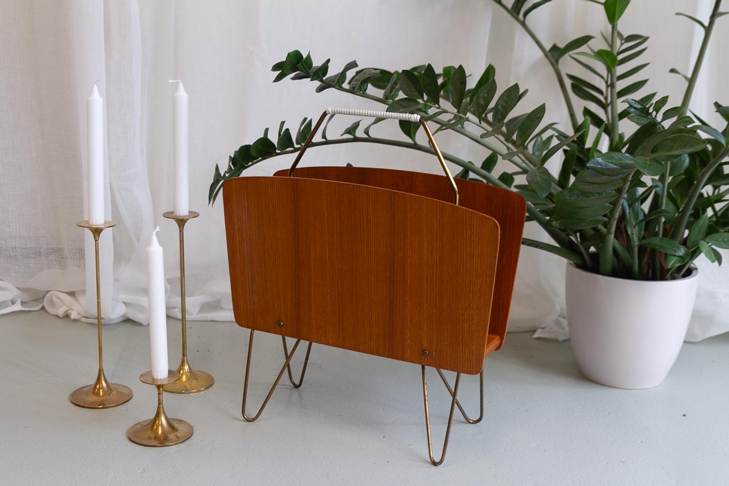 Danish Modern Teak and Brass Magazine Rack, 1950s. 9