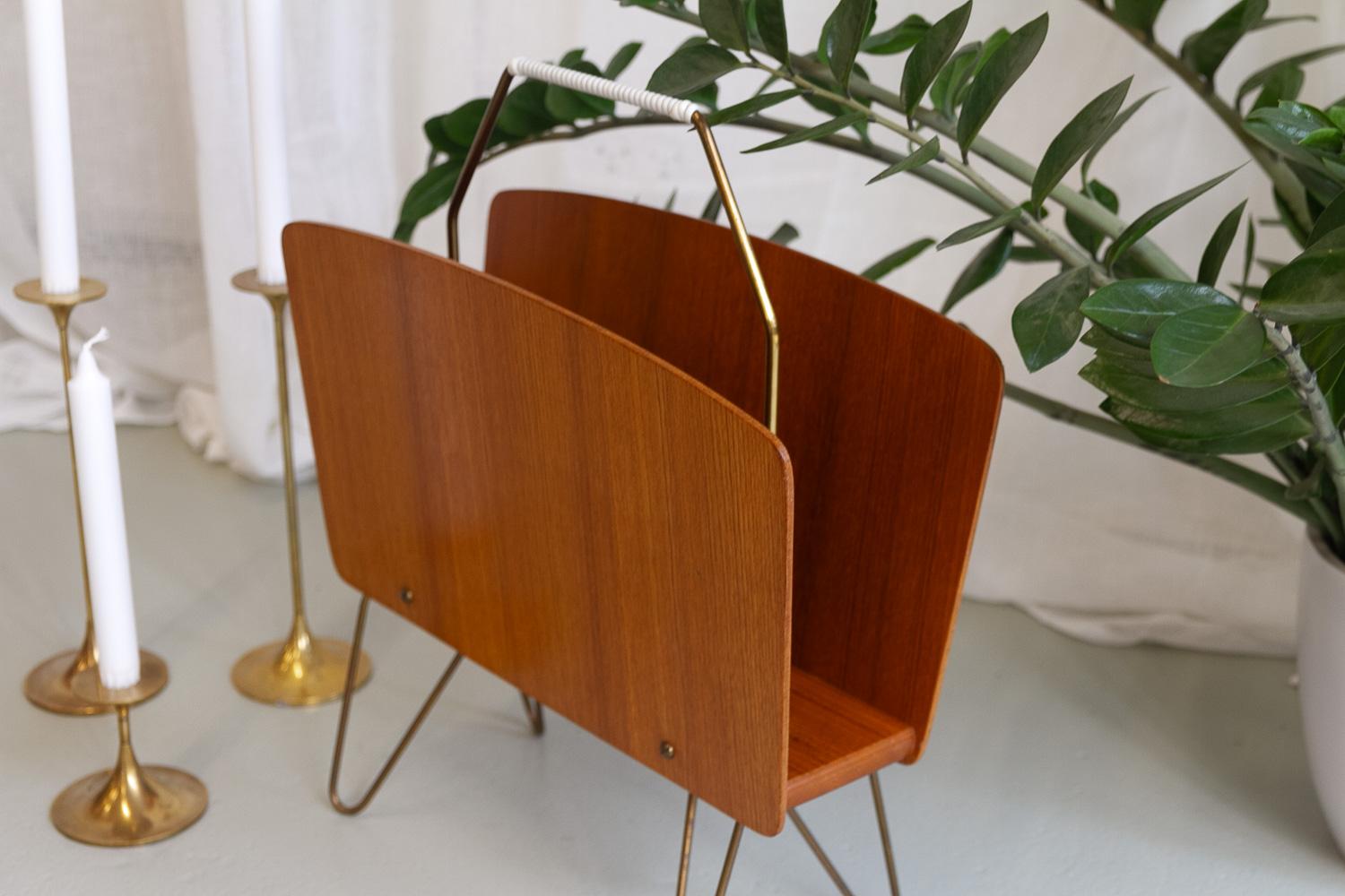 Danish Modern Teak and Brass Magazine Rack, 1950s. 10