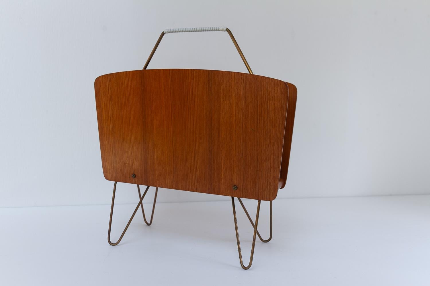 Mid-20th Century Danish Modern Teak and Brass Magazine Rack, 1950s.