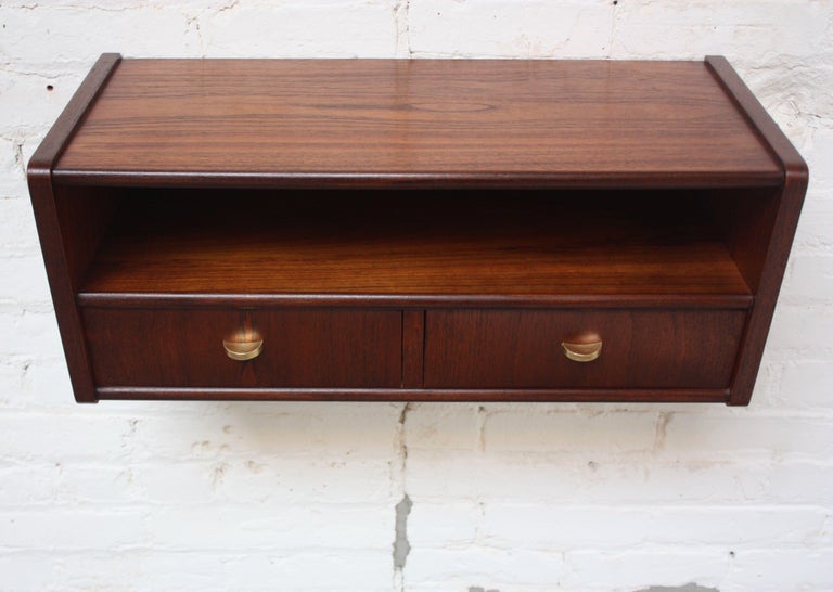 Danish Modern Teak And Brass Wall Mounted Dual Drawer Shelf At 1stdibs