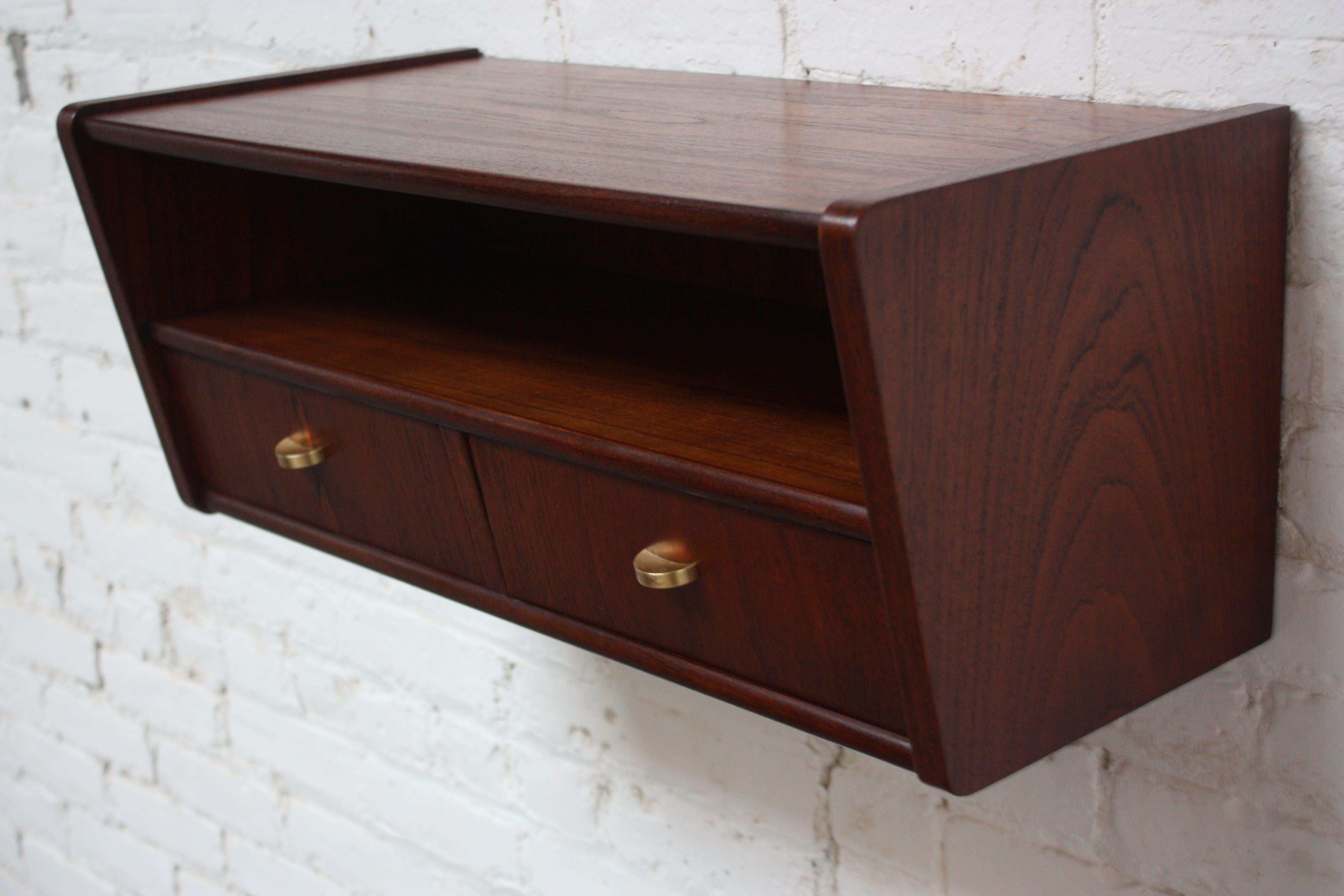 Danish Modern Teak and Brass Wall-Mounted Dual Drawer Shelf In Good Condition In Brooklyn, NY