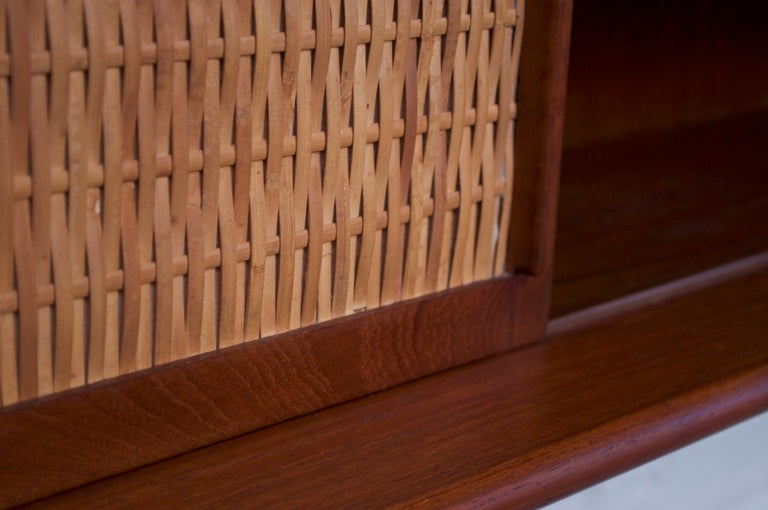 Danish Modern Teak and Cane Wall Mounted Mirror or Hallway For