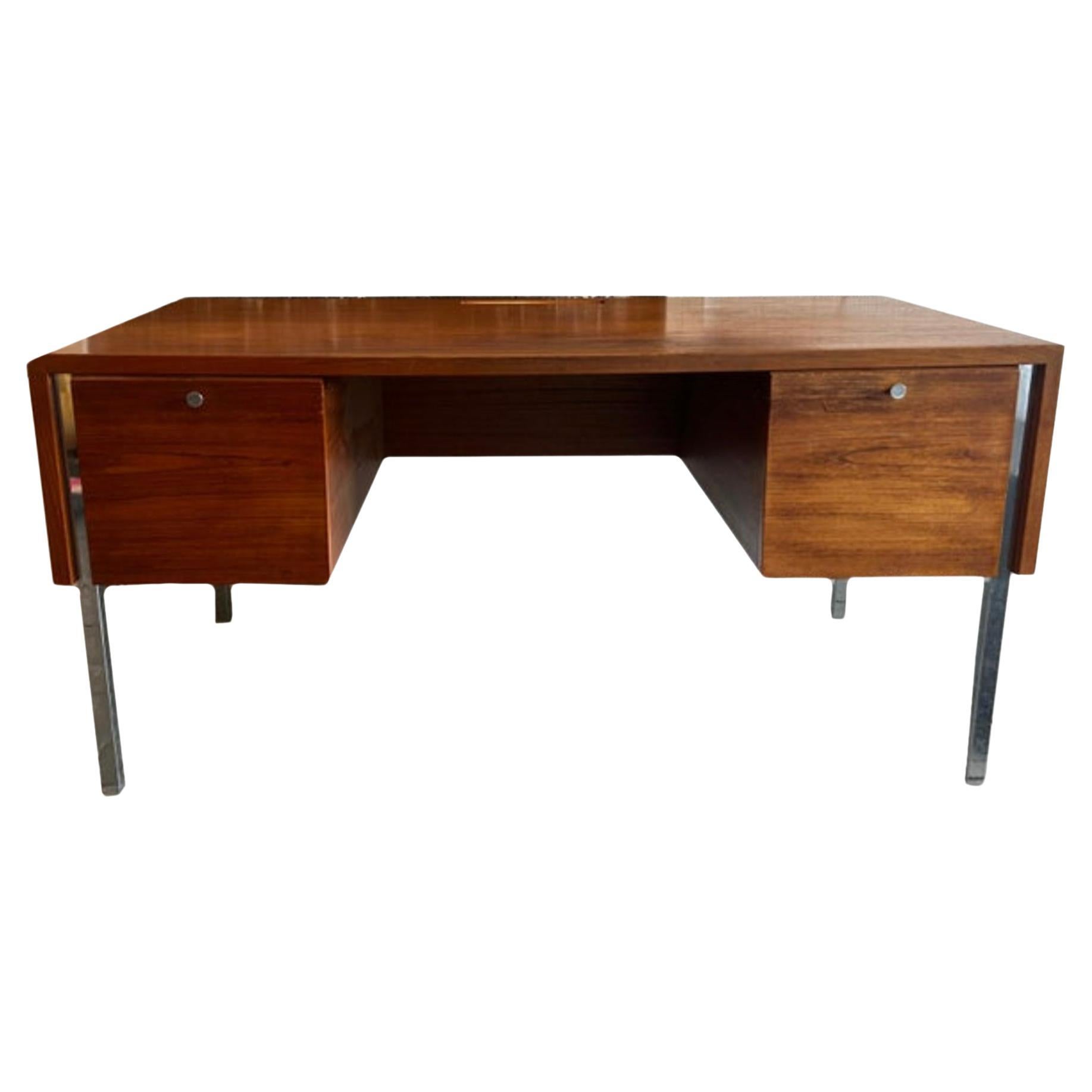 Danish modern Teak and Chrome 6 drawer Writers desk by Sigurd Hansen Møbelfabrik For Sale
