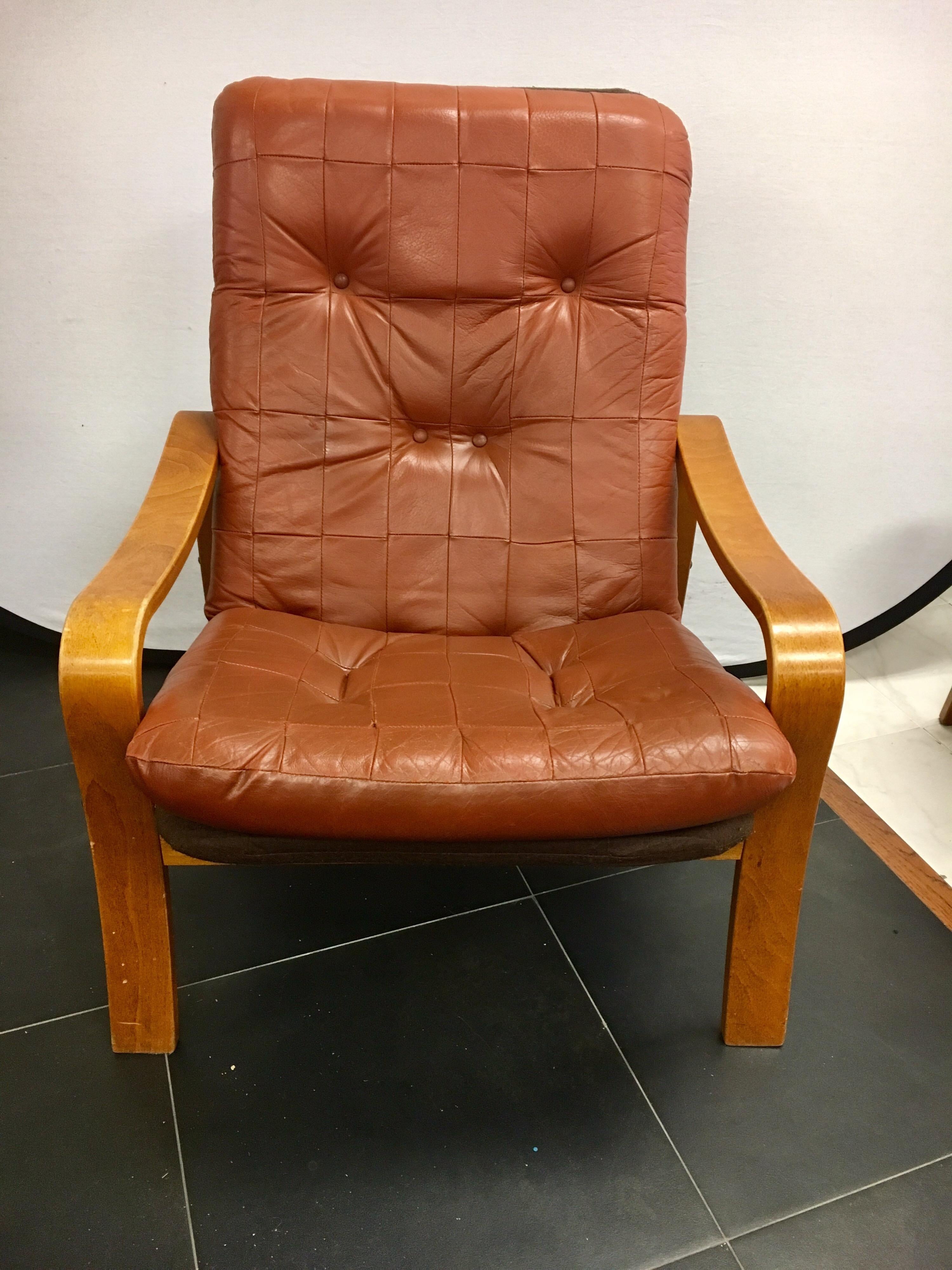 Scandinavian Danish Modern Teak and Tufted Leather Lounge Chair