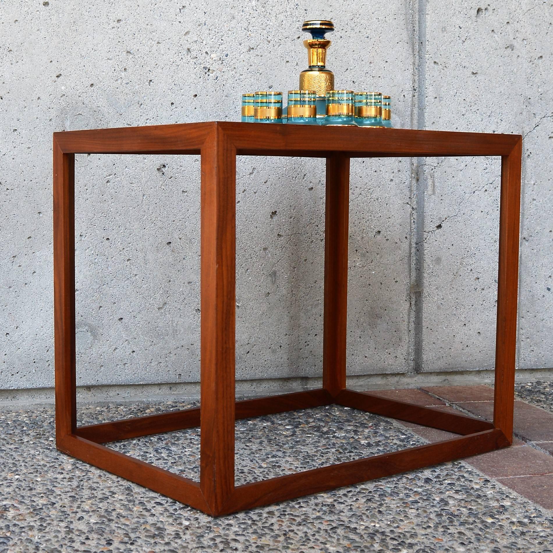 Scandinavian Danish Modern Teak and Mahogany Cube Side Table or Small Coffee Table