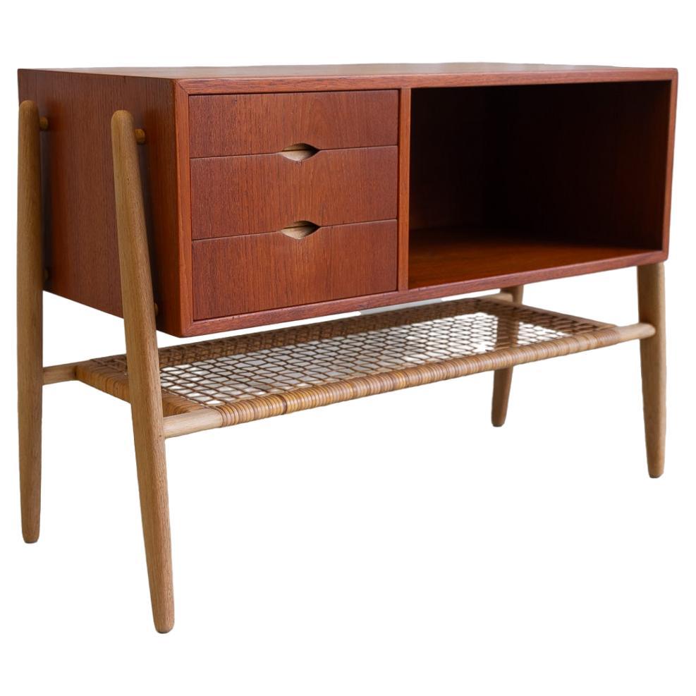 Danish Modern Teak and Oak Console Table with Cane Shelf, 1960s For Sale