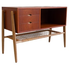 Danish Modern Teak and Oak Console Table with Cane Shelf, 1960s