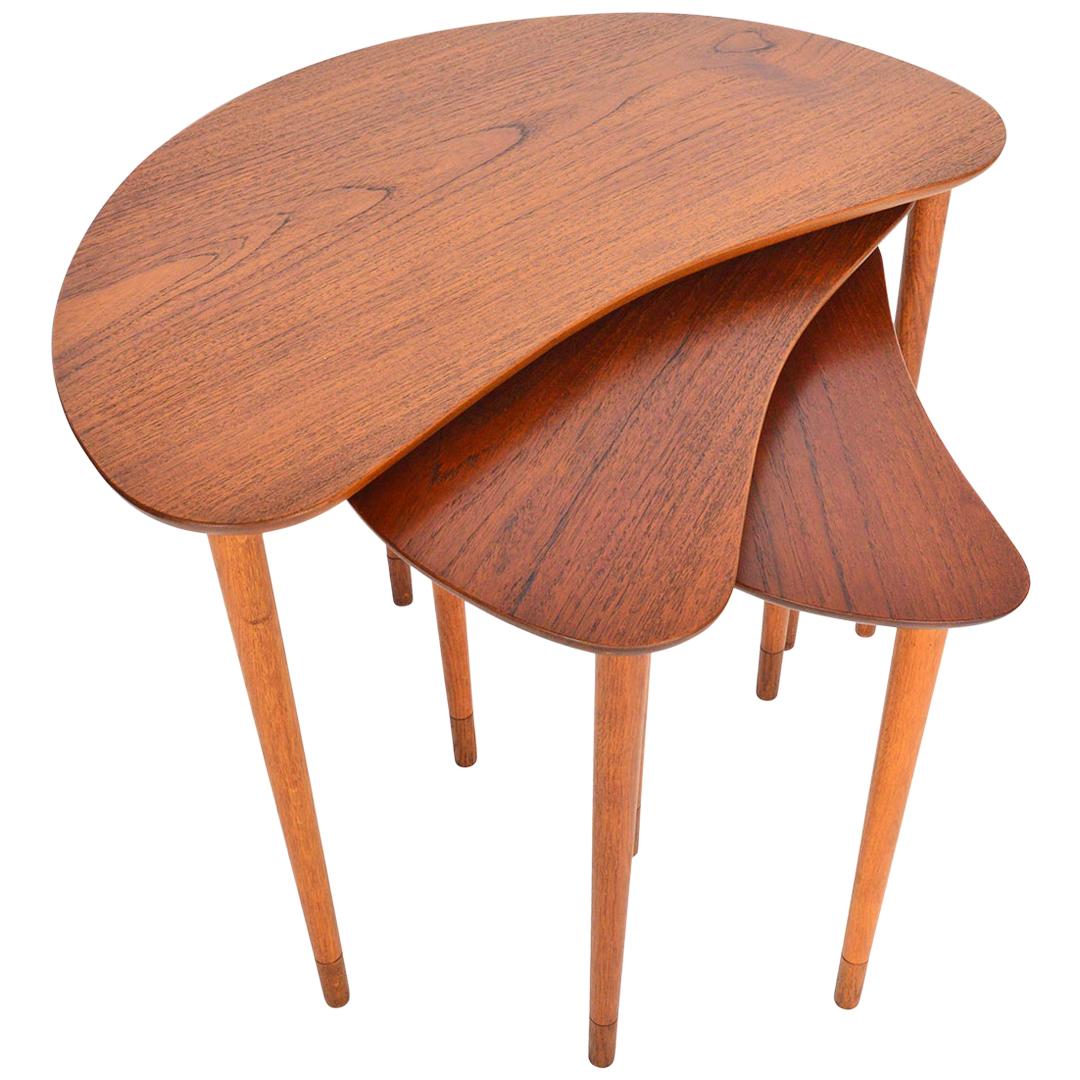 Danish Modern Teak and Oak Crescent Nesting Tables