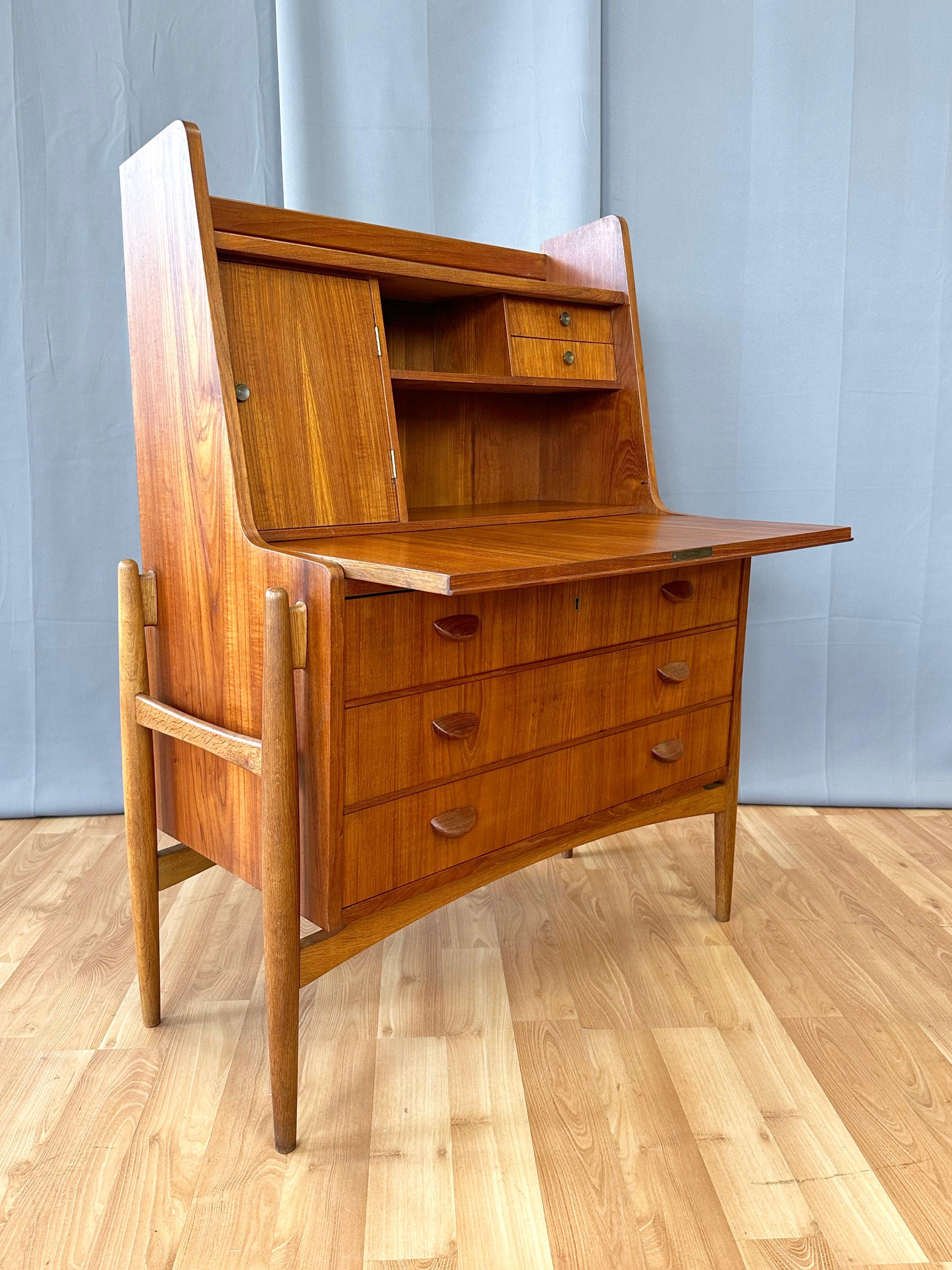 Veneer Danish Modern Teak and Oak Drop-Front Secretary Desk or Vanity, 1951