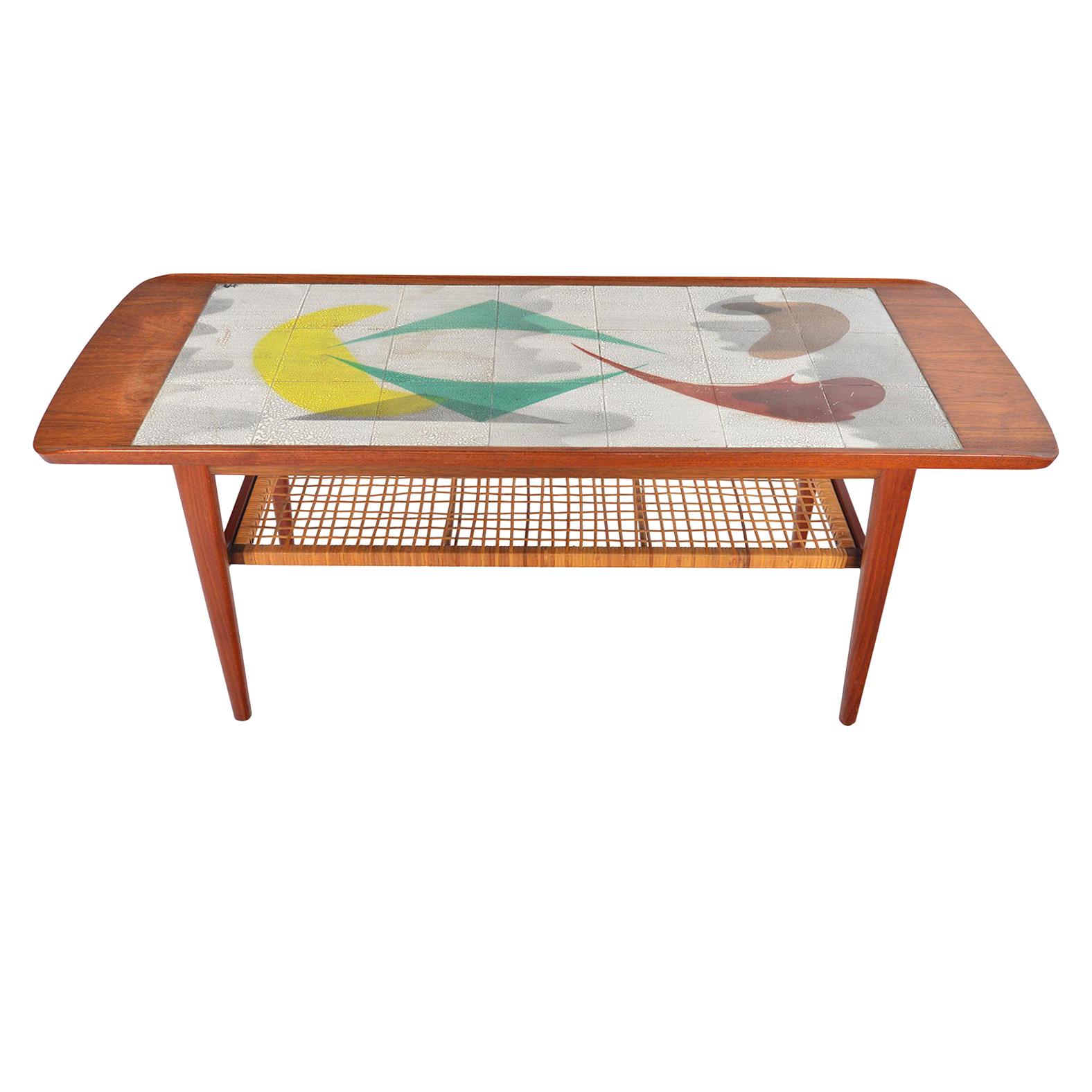Danish Modern Teak and Tile Midcentury Coffee Table with Cane Rack