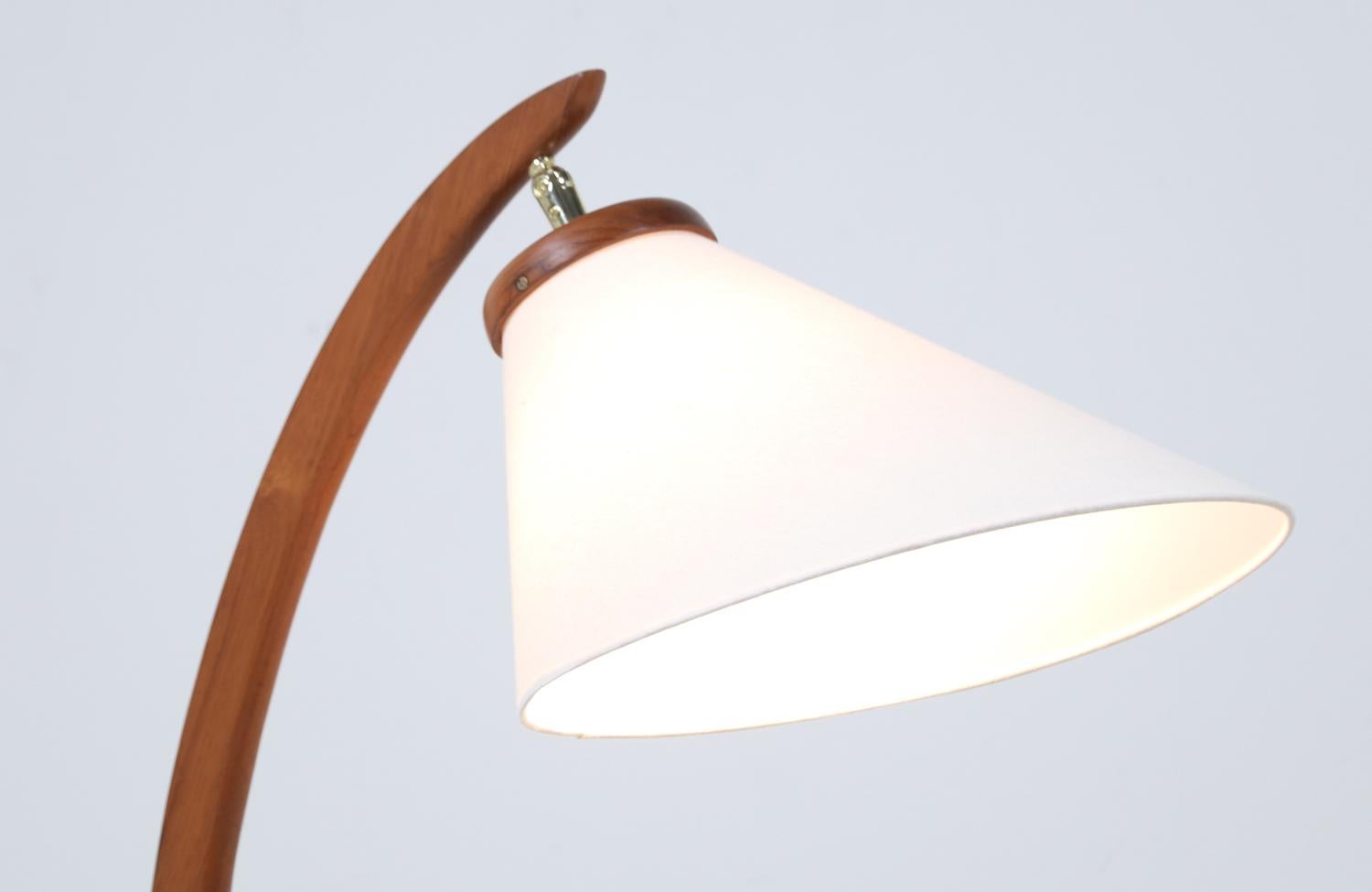 Linen Danish Modern Teak Arch Floor Lamp with Articulating Cone Shade