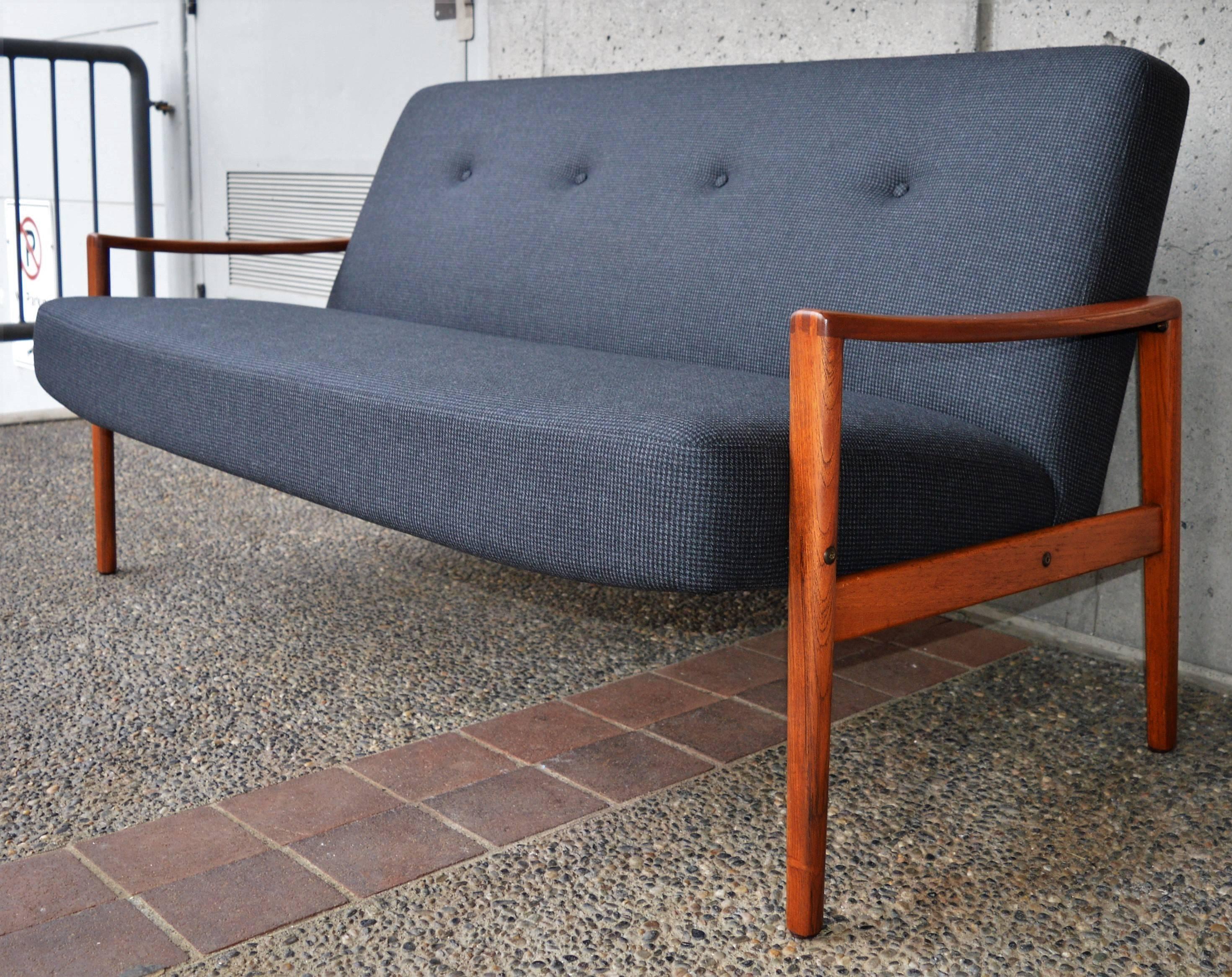 Mid-20th Century Danish Modern Teak Arm Restored Gray Wool Sofa, Button, Tufted