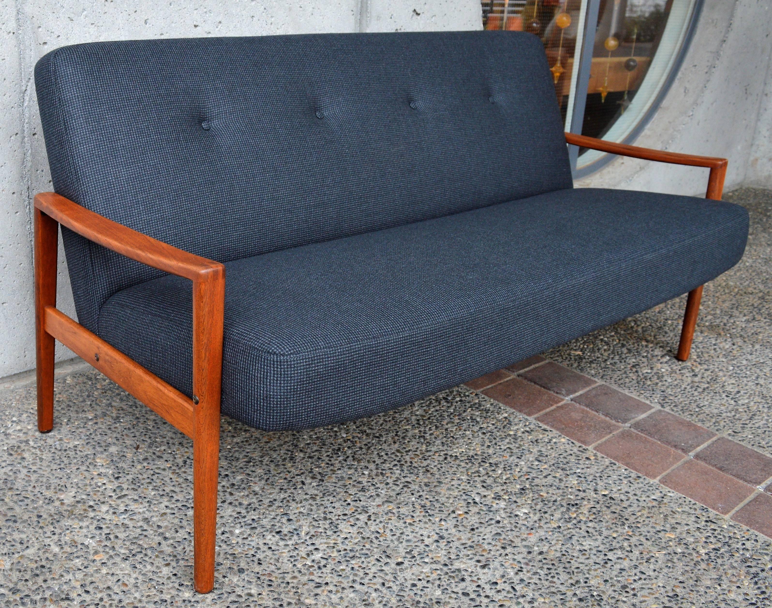 Danish Modern Teak Arm Restored Gray Wool Sofa, Button, Tufted 2