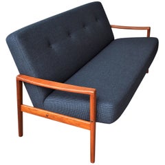 Danish Modern Teak Arm Restored Gray Wool Sofa, Button, Tufted Danish Modern Teak Arm Restored Gray Wool Sofa, Button, Tufted