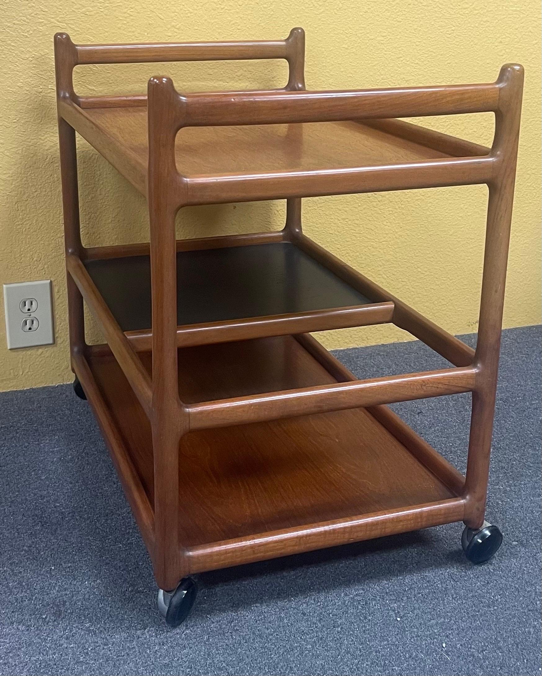 20th Century Danish Modern Teak Bar Cart / Serving Trolley with Shelves by Johannes Andersen For Sale