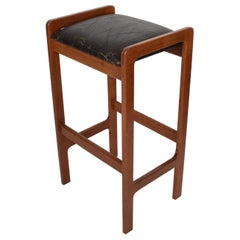 1970s Scandinavian Mod Rectangular Teak Bar Stool Distressed Leather