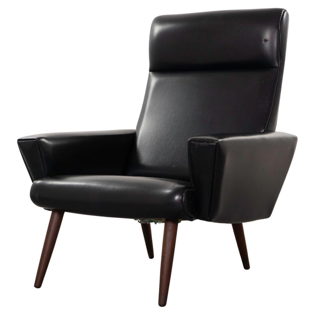 Danish Modern Teak & Black Vinyl Lounge Chair
