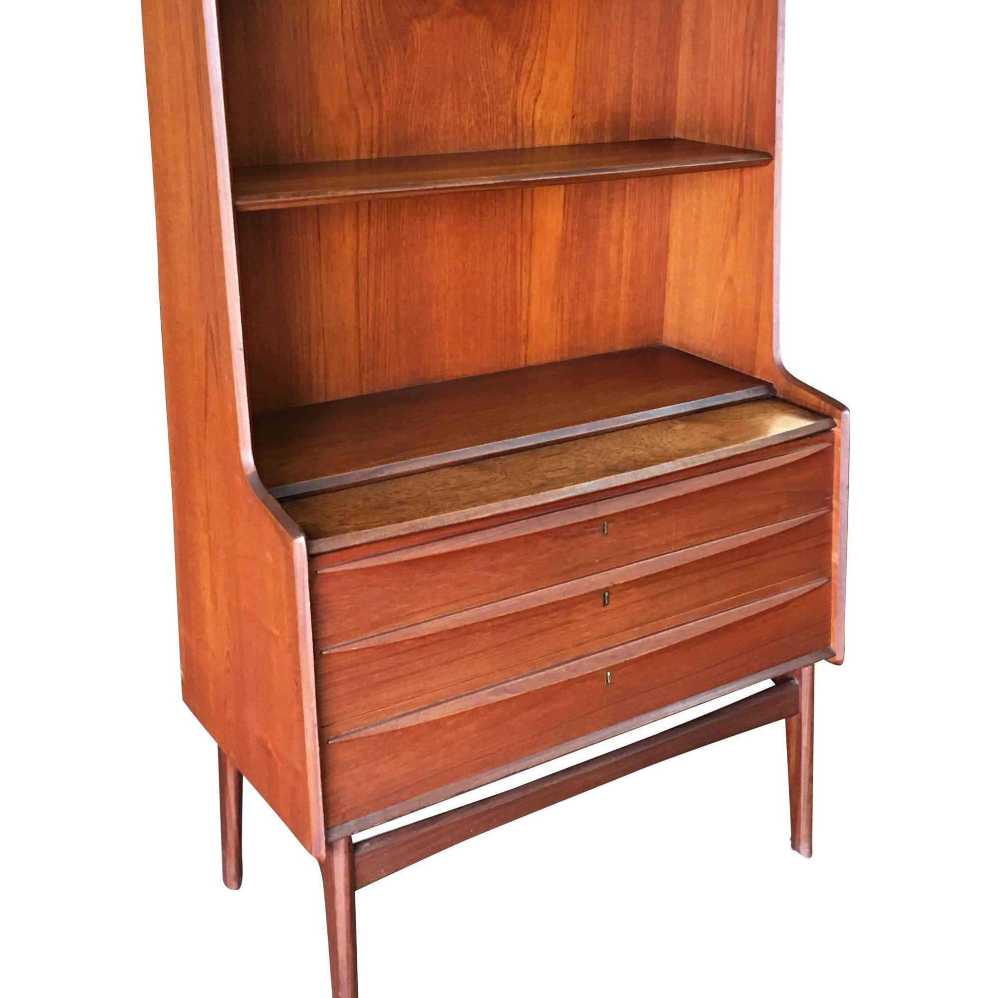 Wood Danish Modern Teak Bookcase Cupboard Display Cabinet with Locks For Sale
