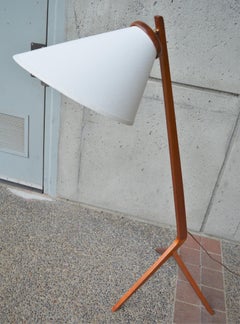 Danish Modern Teak Boomerang Tripod Floor Lamp with New Custom Bonnet Shade