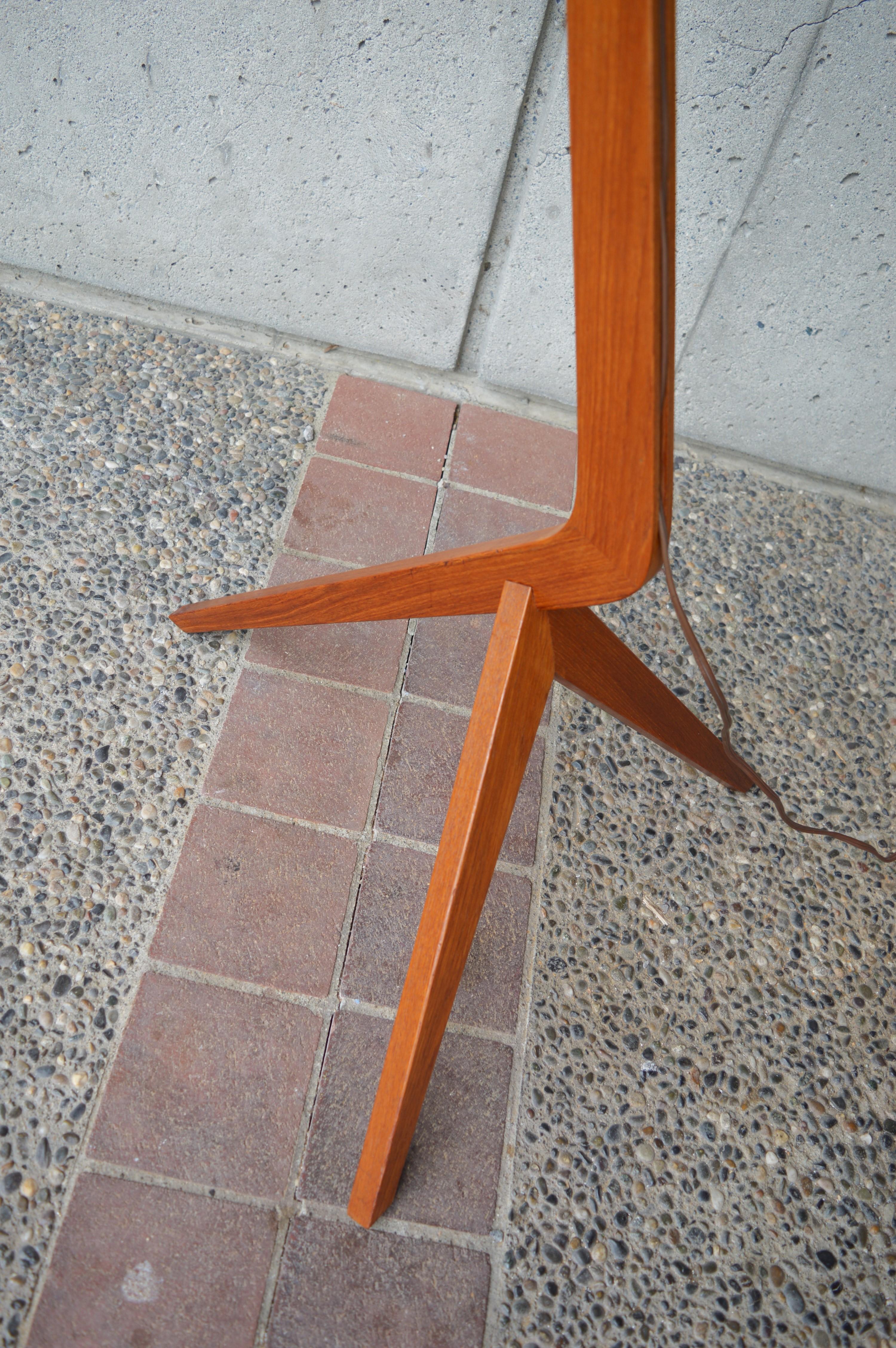 Mid-Century Modern Danish Modern Teak Boomerang Tripod Floor Lamp with New Custom Bonnet Shade