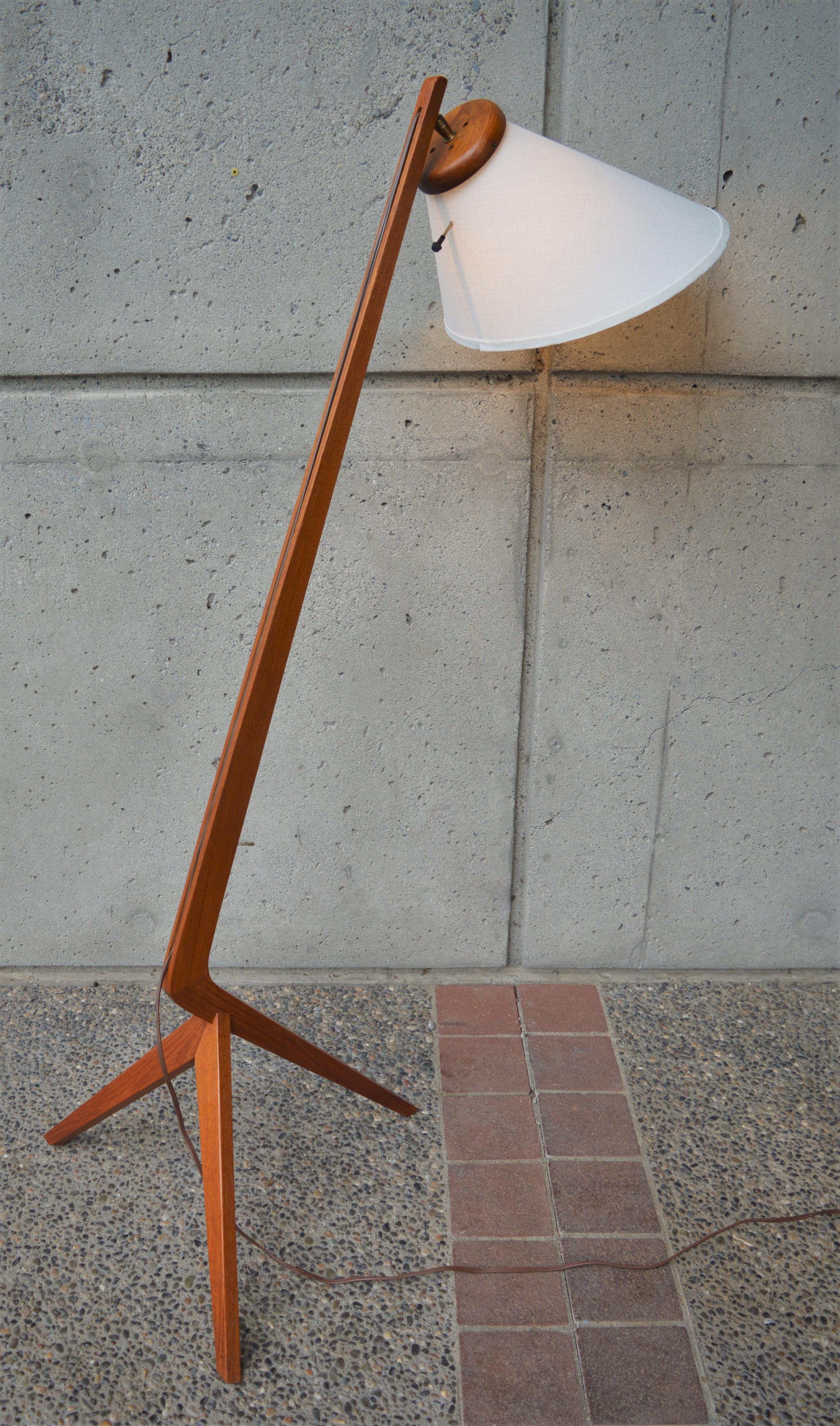 Scandinavian Danish Modern Teak Boomerang Tripod Floor Lamp with New Custom Bonnet Shade