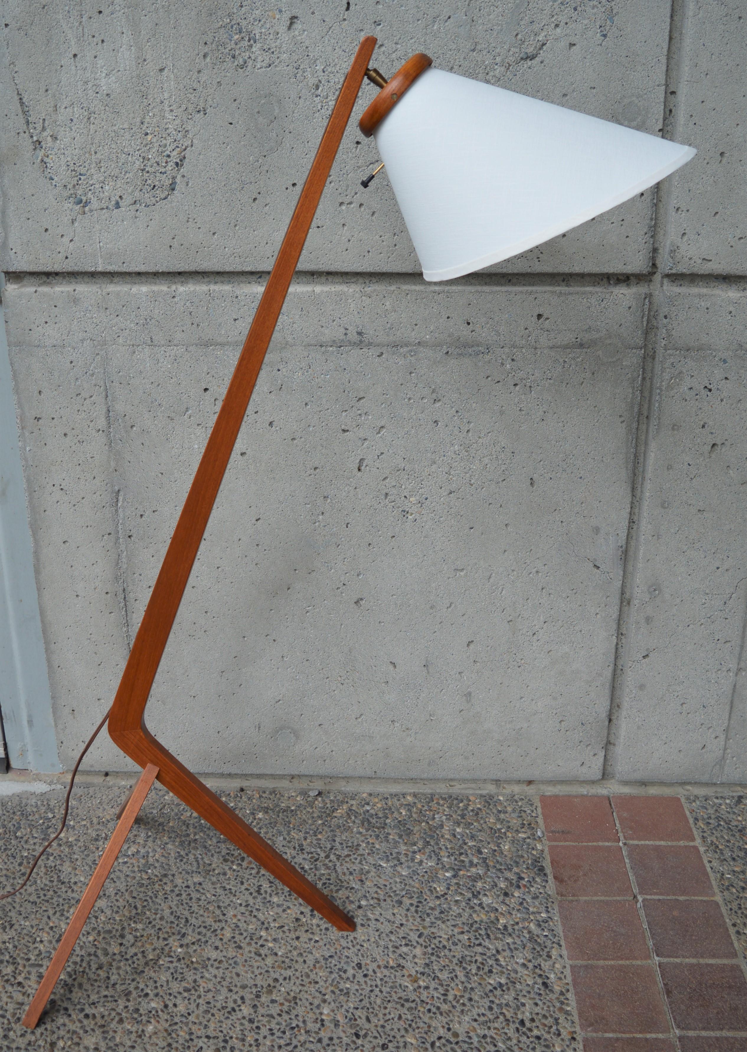 Linen Danish Modern Teak Boomerang Tripod Floor Lamp with New Custom Bonnet Shade