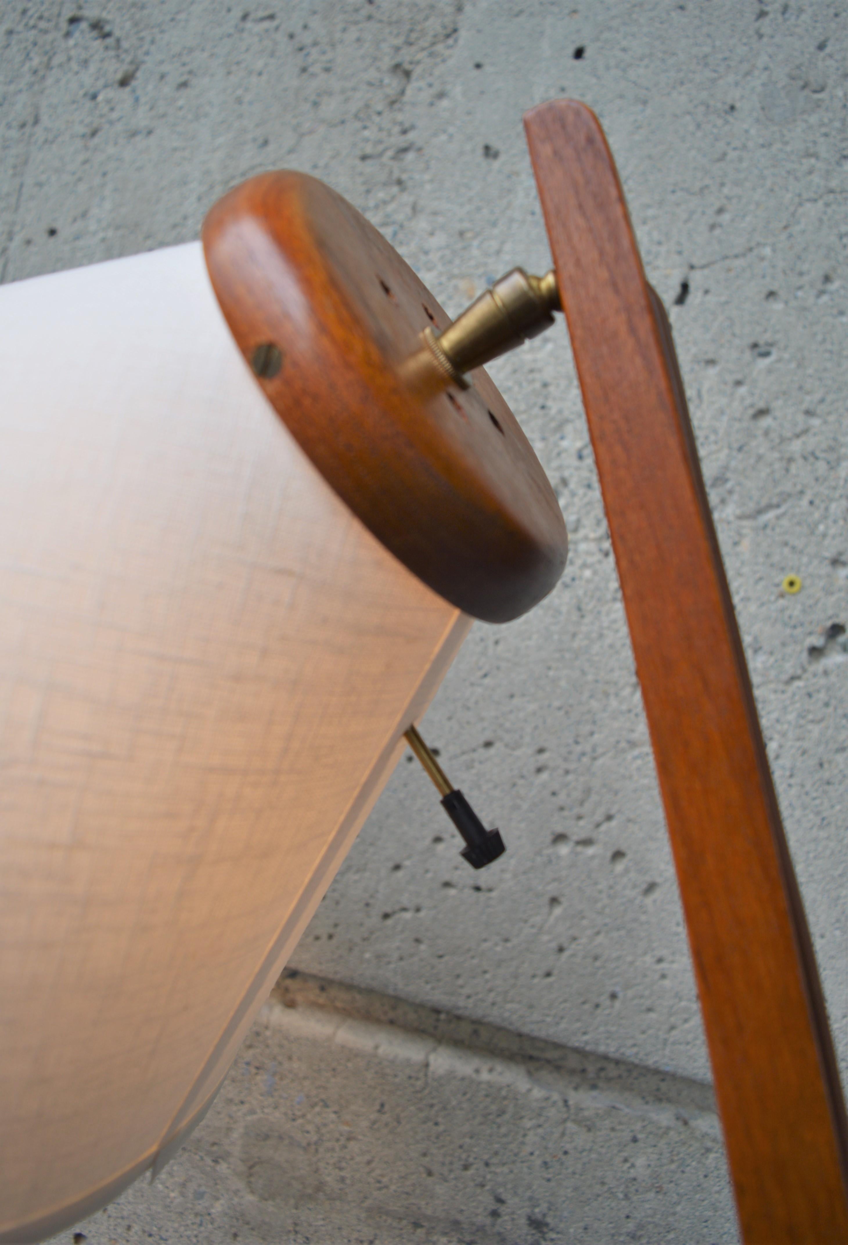 Danish Modern Teak Boomerang Tripod Floor Lamp with New Custom Bonnet Shade 1
