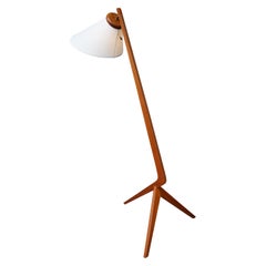 Danish Modern Teak Boomerang Tripod Floor Lamp with New Custom Bonnet Shade
