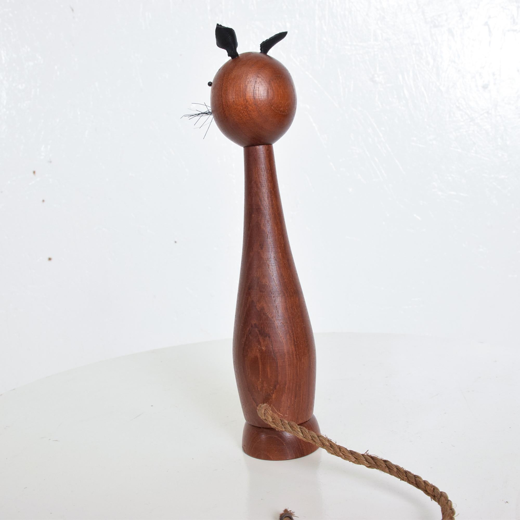 Mid-20th Century Danish Modern Teak Bottle Opener Cat Figure Leather Ears from, Denmark, 1960s