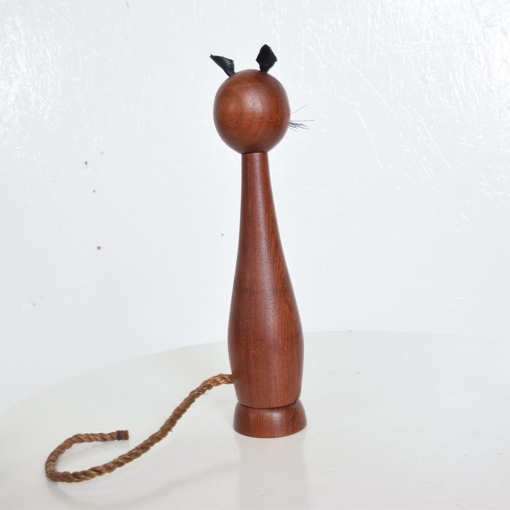 Danish Modern Teak Bottle Opener Cat Figure Leather Ears from, Denmark, 1960s 1