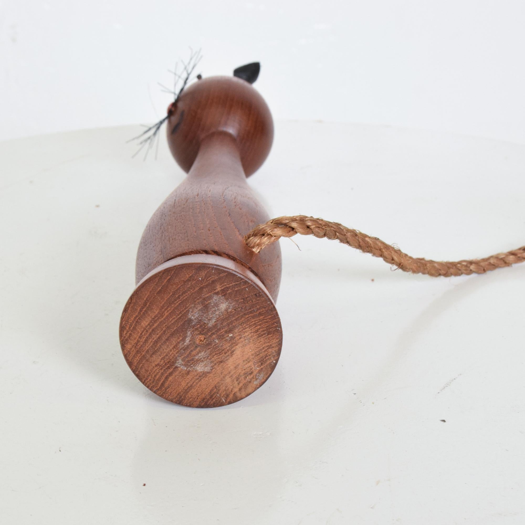 Danish Modern Teak Bottle Opener Cat Figure Leather Ears from, Denmark, 1960s 3