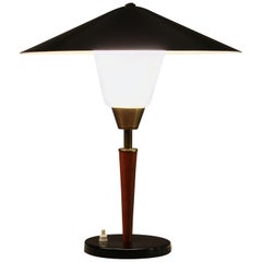 Danish Modern Teak, Brass and Opaline Glass Table Lamp by Fog & Morup