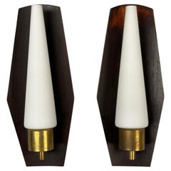 Danish Modern, Teak, Brass, Opaline Glass, Wall Lights, Denmark, 1960s
