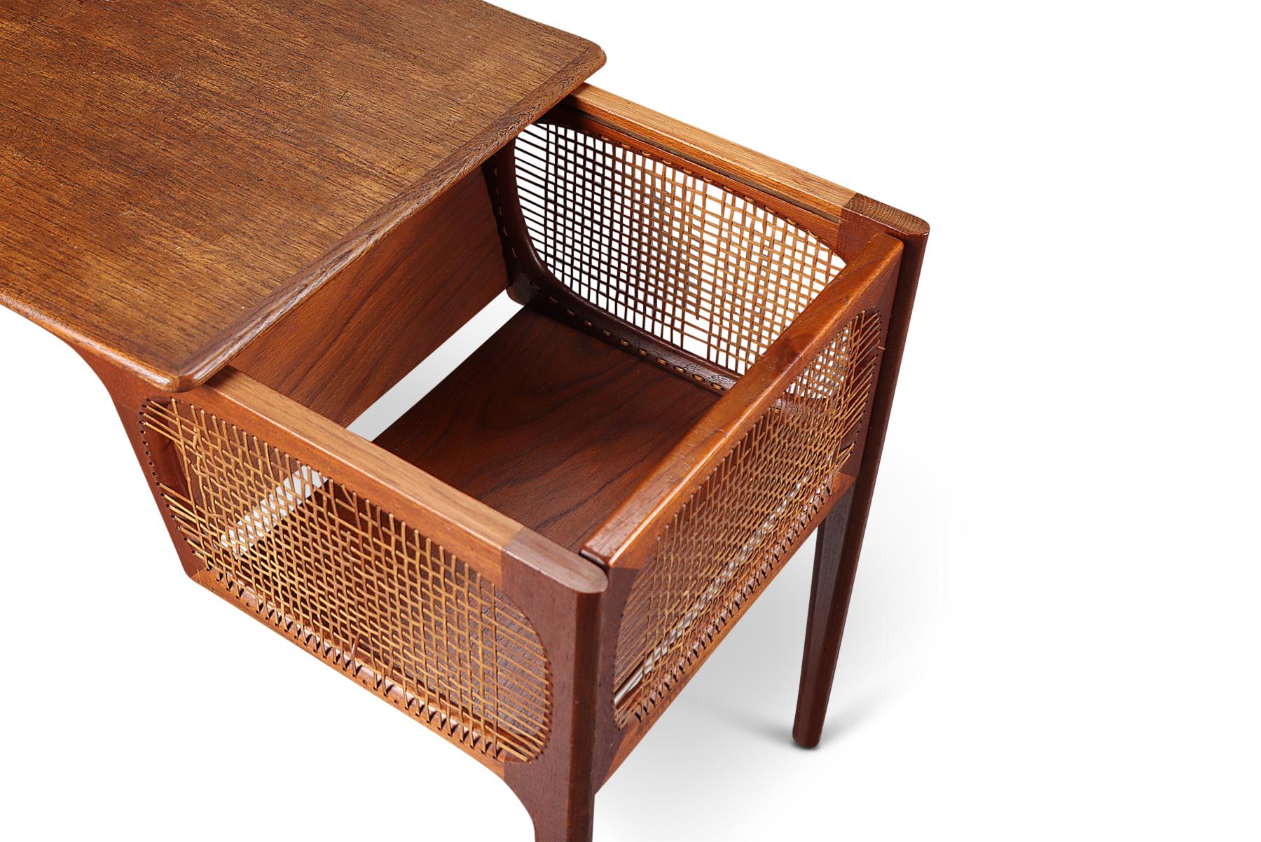 Mid-Century Modern Danish Modern Teak + Cane Coffee / Sewing Table with Storage For Sale
