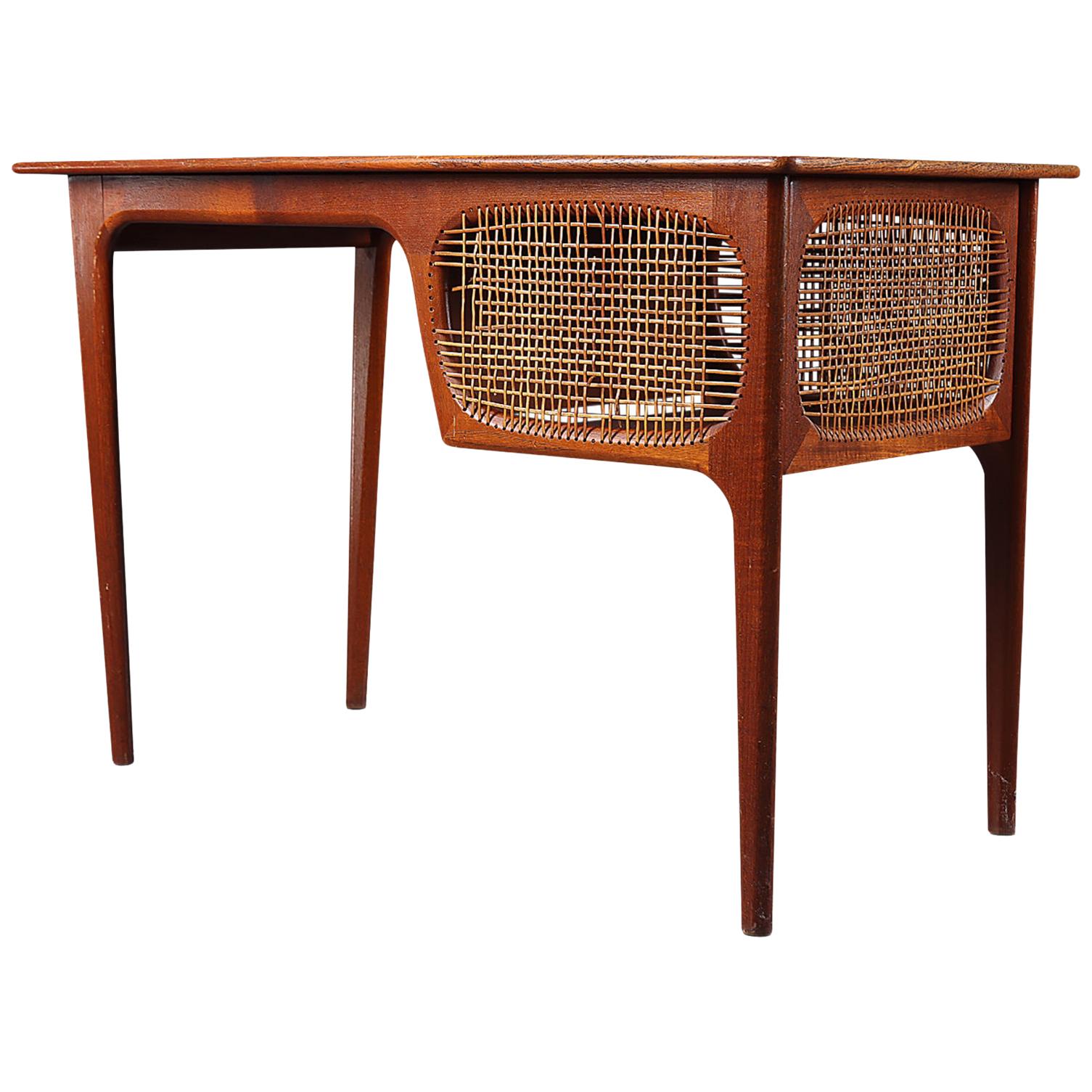 Danish Modern Teak + Cane Coffee / Sewing Table with Storage For Sale