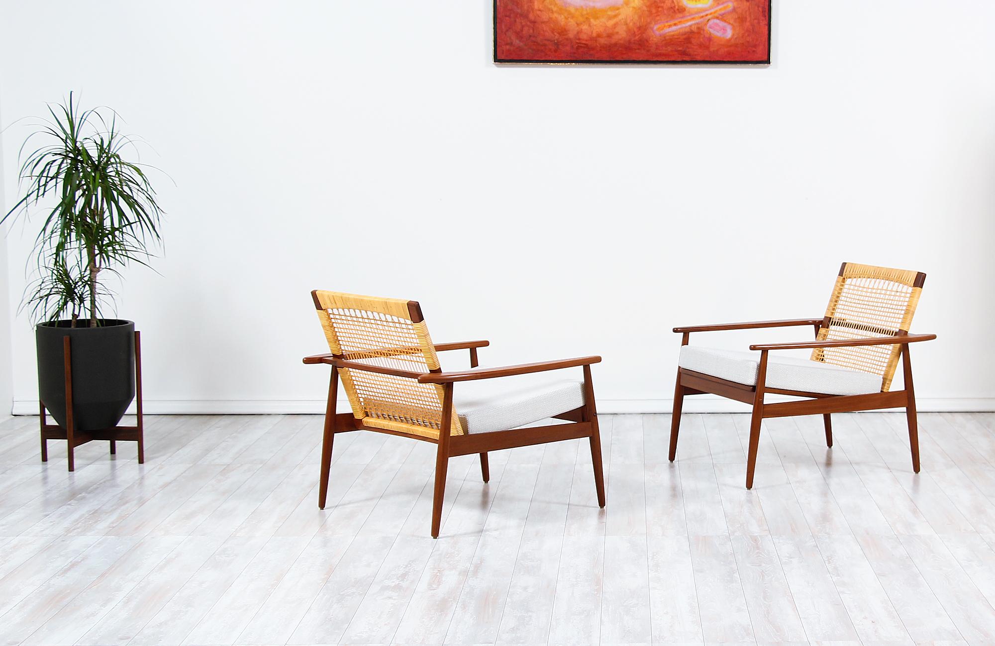 Fabric Danish Modern Teak and Cane Lounge Chair by Hans Olsen for Juul Kristensen