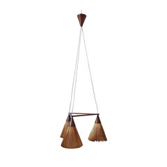 Danish Modern Teak Ceiling Light with Three Hanging Straw Cones, 1960s