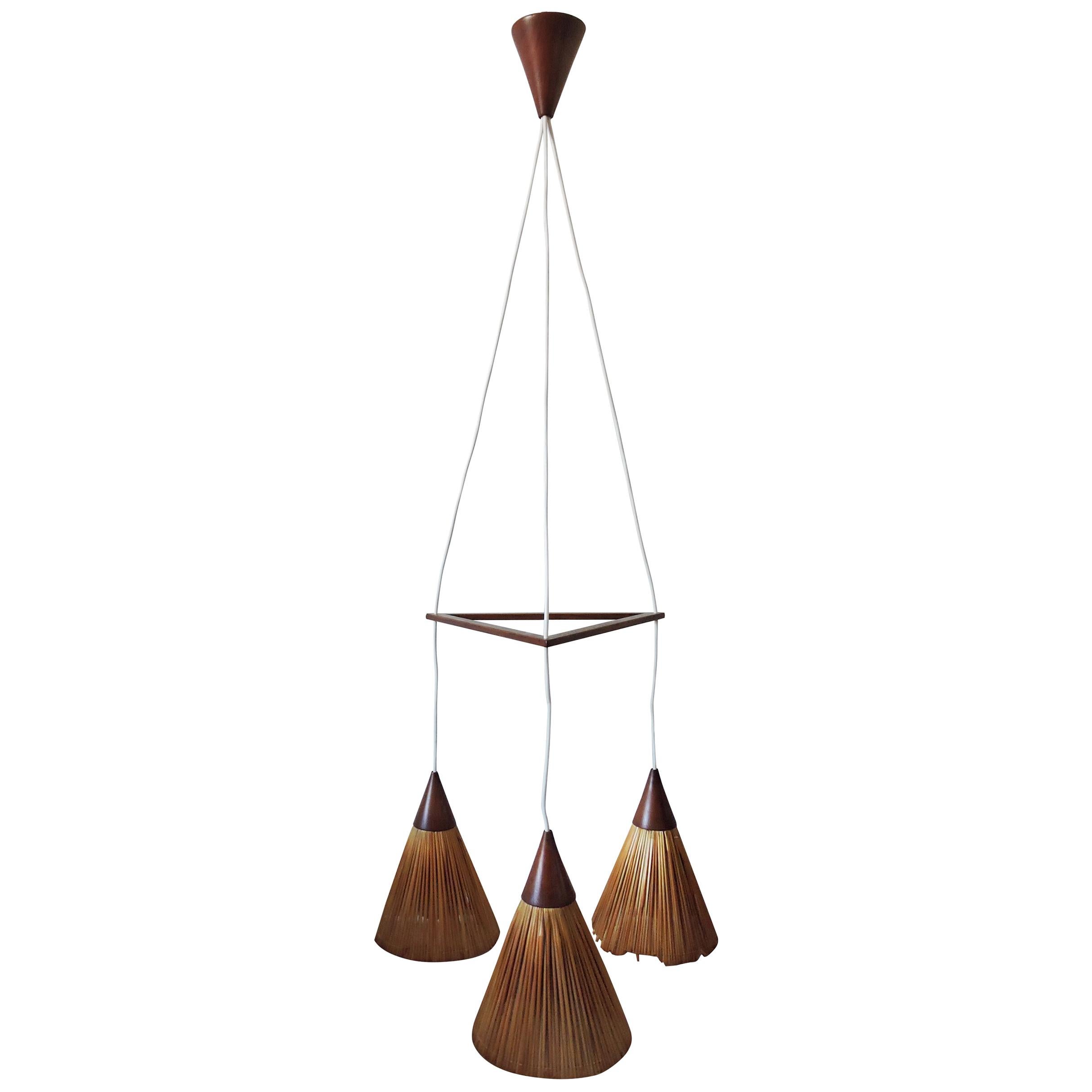 Danish Modern Teak Ceiling Light with Three Hanging Straw Cones, 1960s For Sale