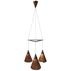 Danish Modern Teak Ceiling Light with Three Hanging Straw Cones, 1960s