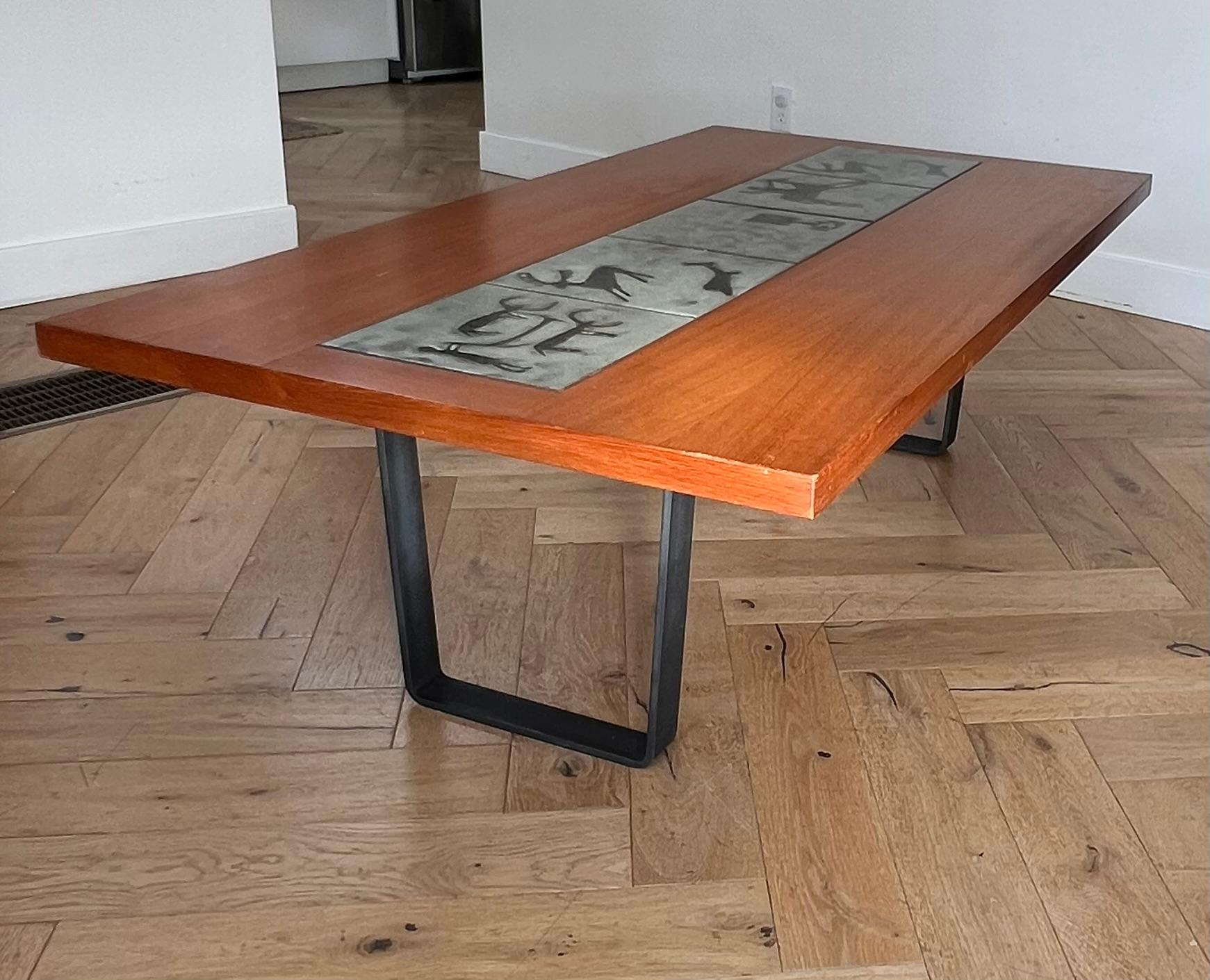 Danish modern teak coffee table with prehistoric tile inlay, 1960s For Sale 5